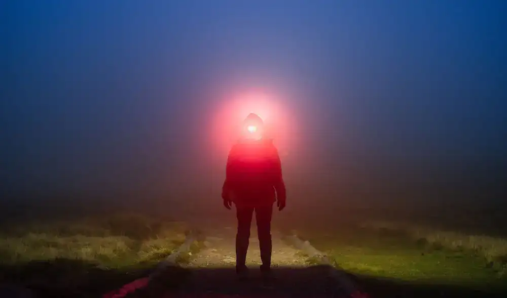 Atmospheric landscape showing a lone wanderer in a glowing forest